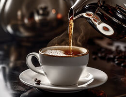 Coffee pours from a metal pot into a cup.